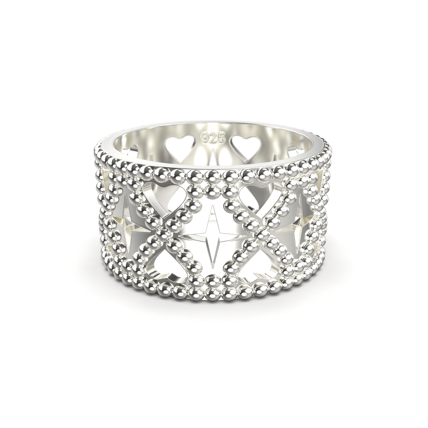 Sterling silver ring featuring a beaded ,repeating heart and star motif, symbolizing love and hope.
