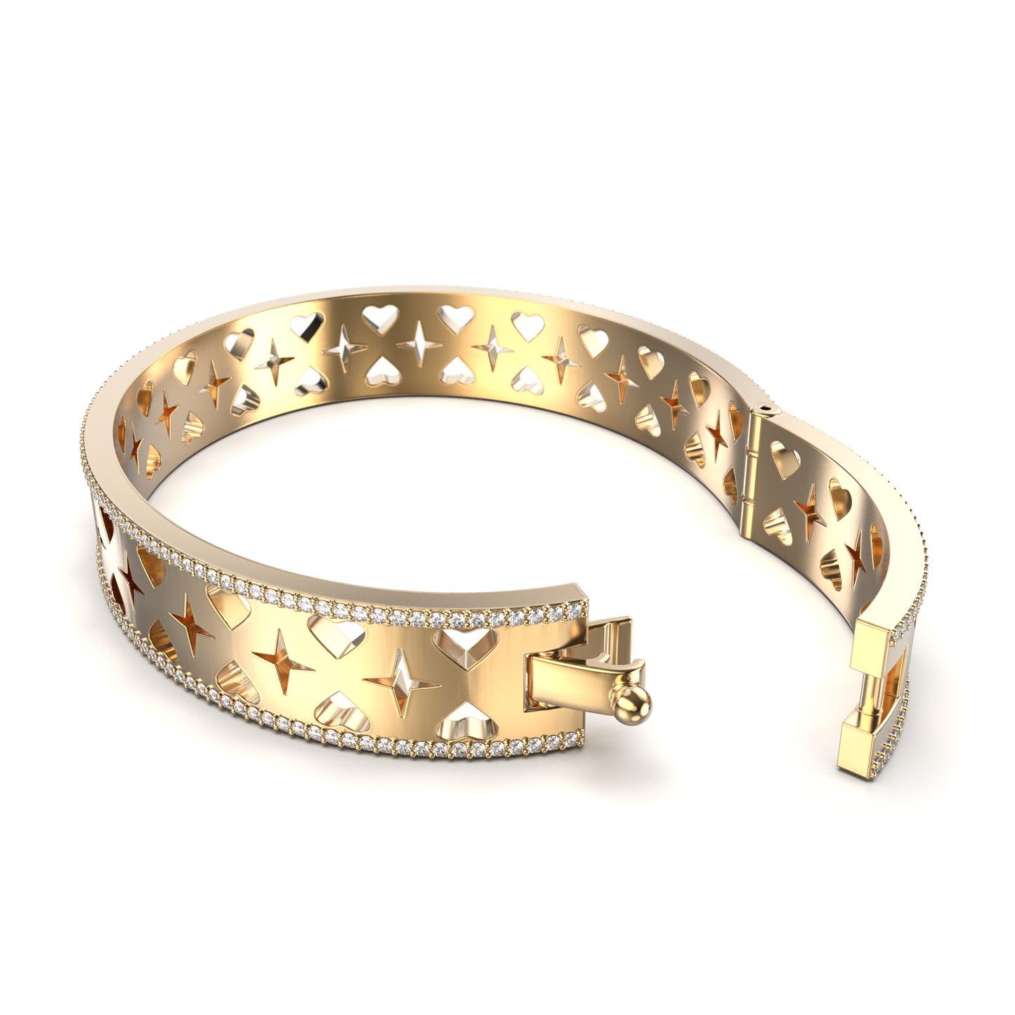 18K Gold bracelet with heart and star design on a white background