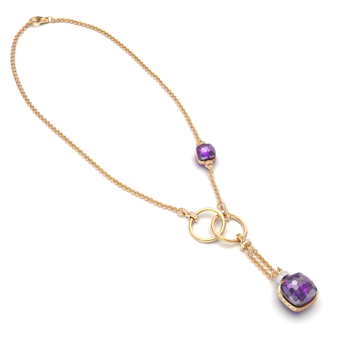 Elegant gold lariat chain necklace with cushion-cut Amethyst gemstone and diamond-studded tops — luxury fine jewelry for women, circular motif