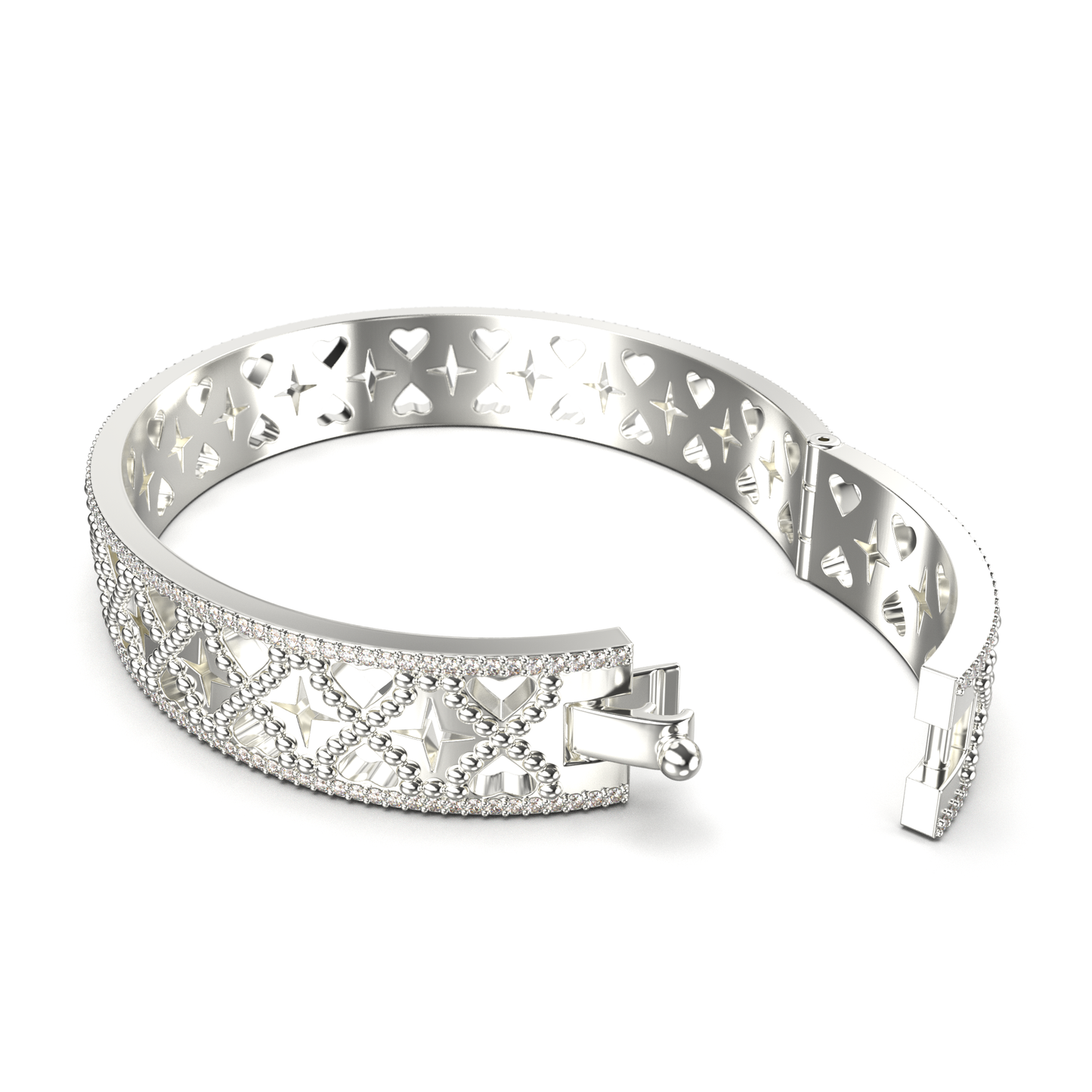 Silver bracelet with heart and star design on a white background