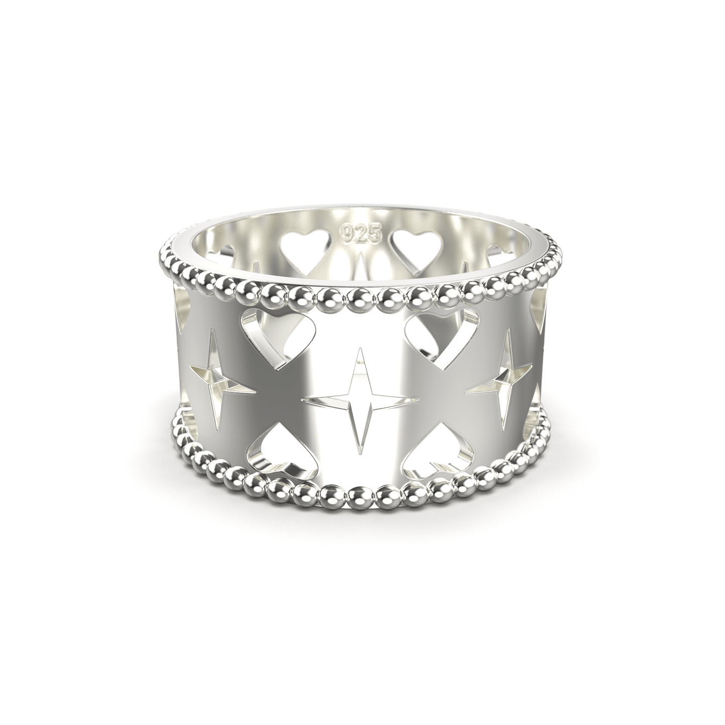 Sterling silver ring featuring repeating heart and star motifs, symbolizing love and hope