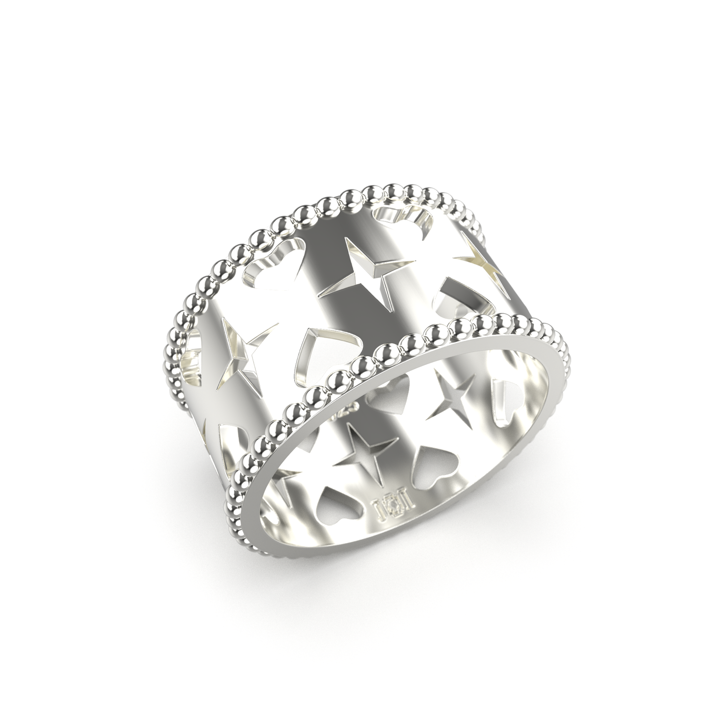 Sterling silver ring featuring repeating heart and star motifs, symbolizing love and hope.