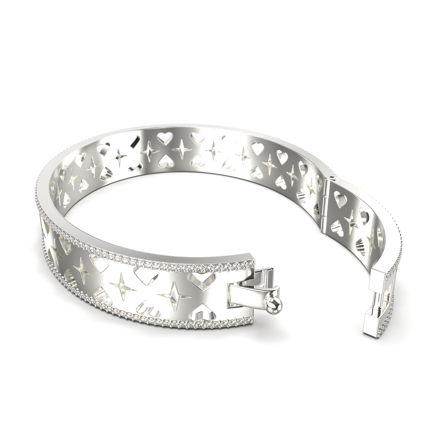 Silver bracelet with heart and star design on a white background
