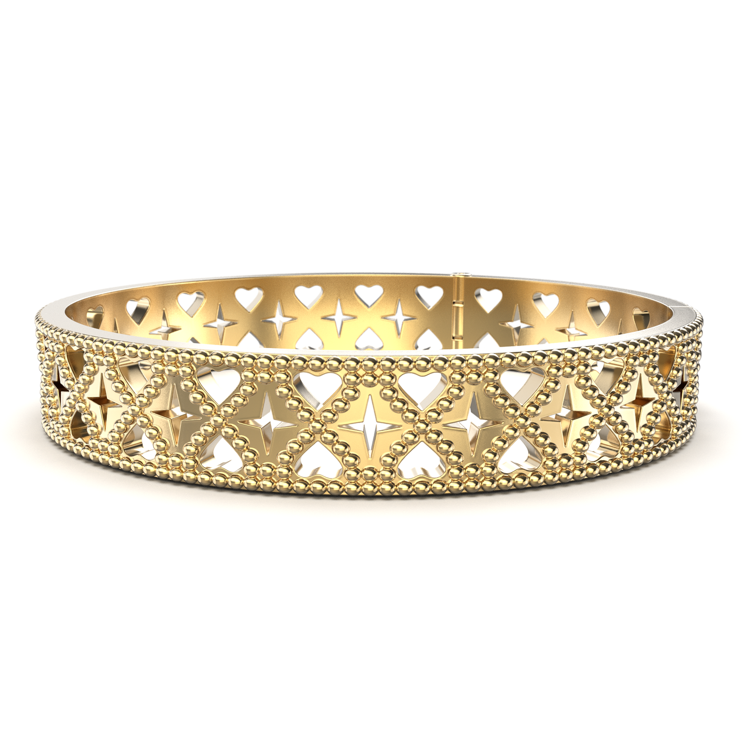 18K Gold bracelet with heart and star design on a white background