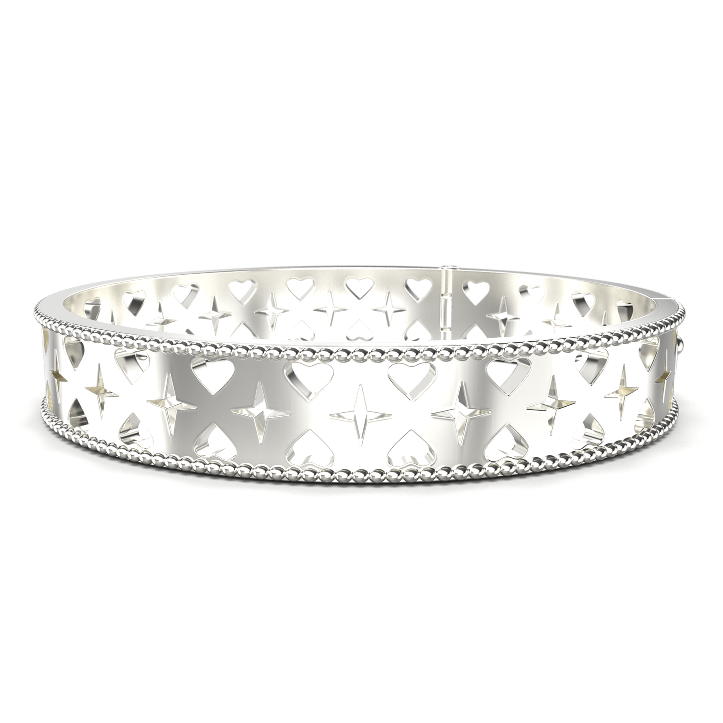 Silver bracelet with heart and star design on a white background