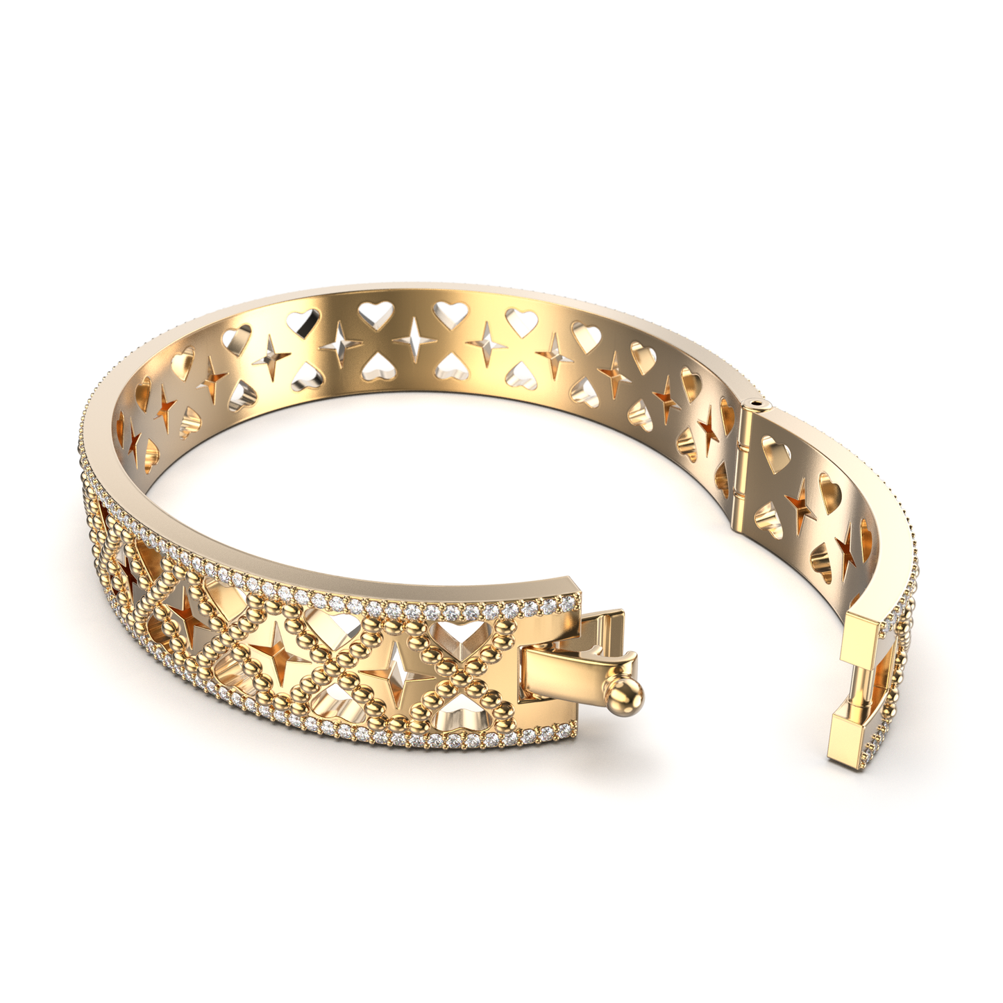 18K Gold bracelet with heart and star design on a white background