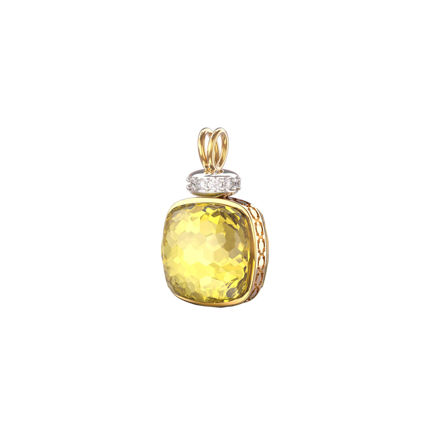 Gold pendant with a yellow gemstone on a white background
