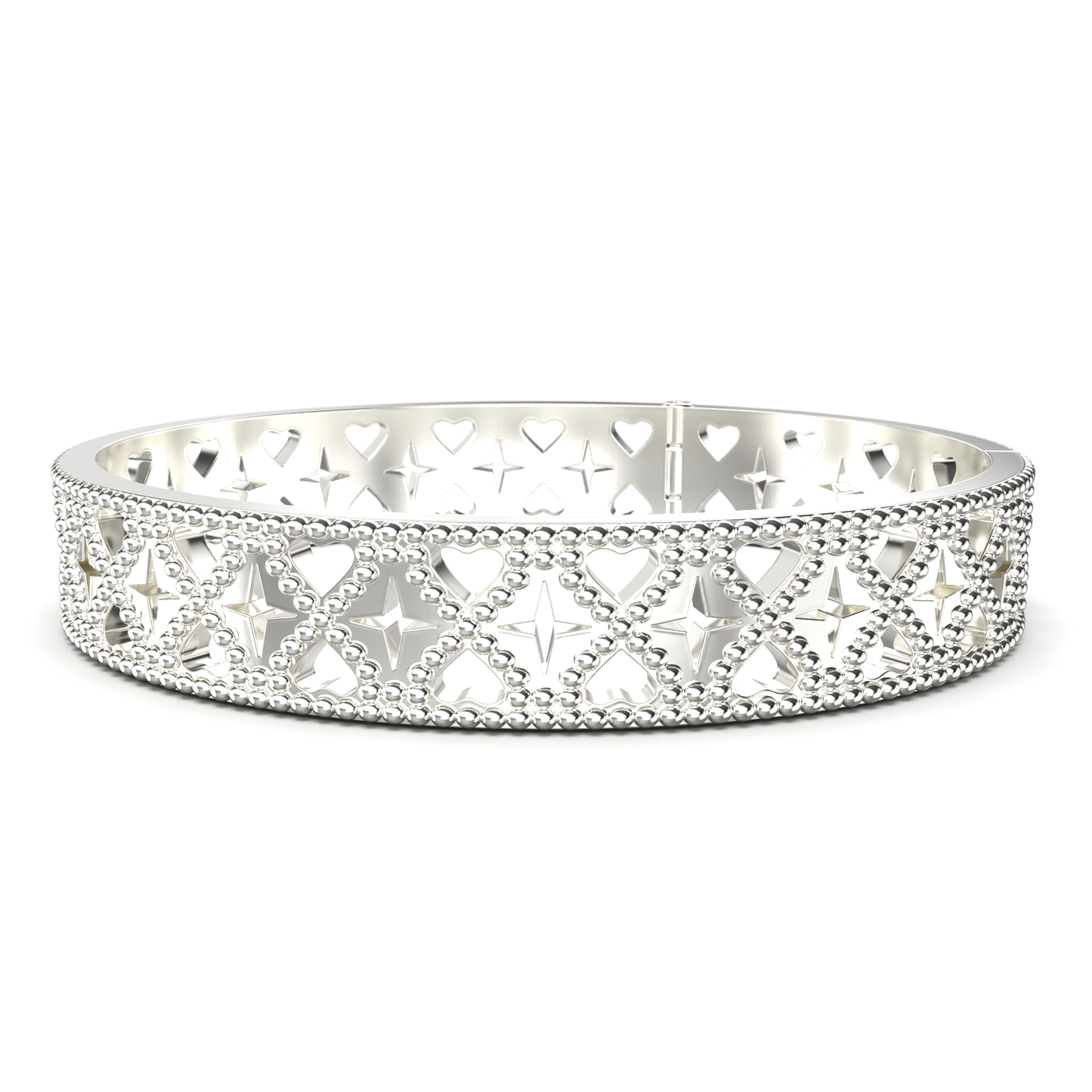 Silver bracelet with heart and star design on a white background