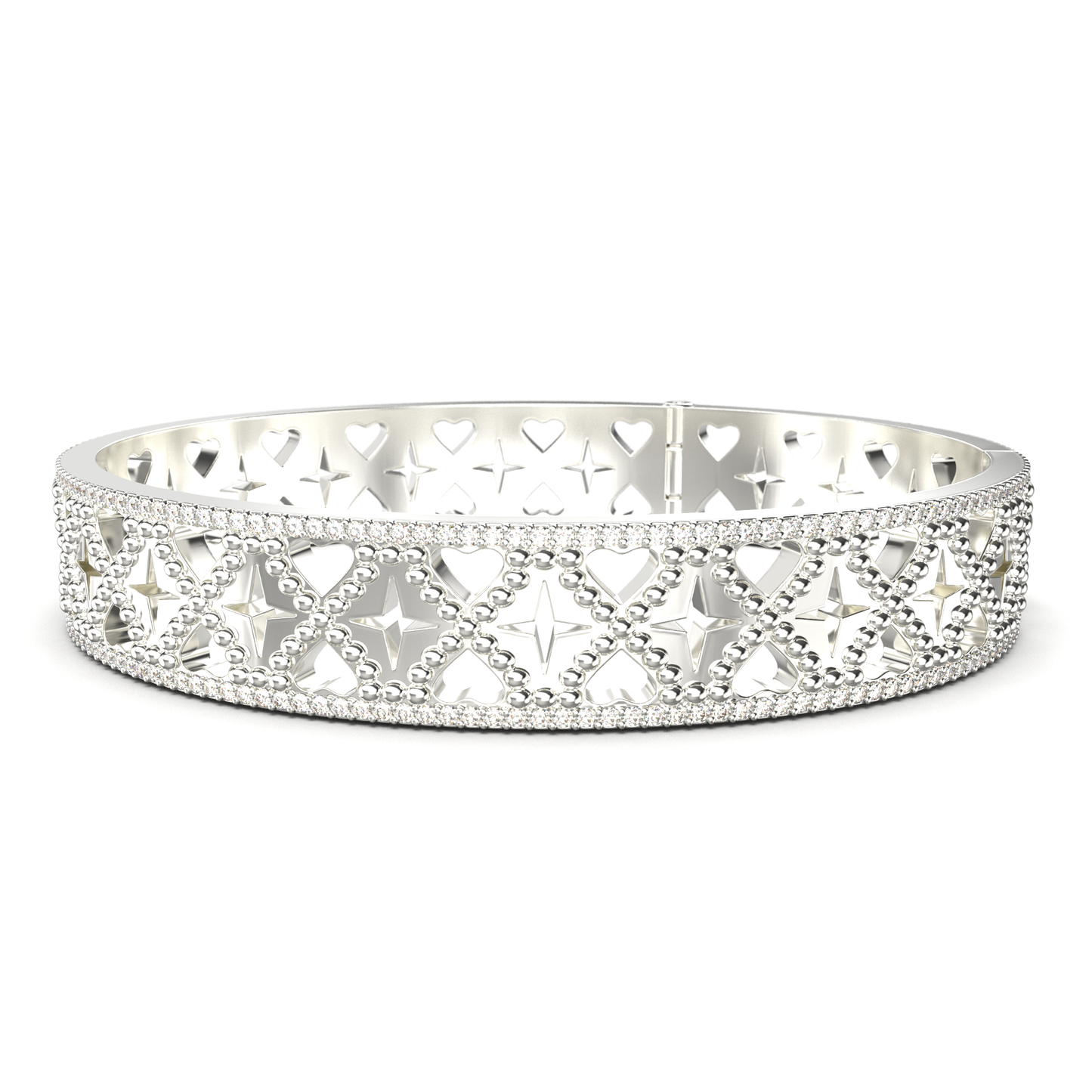 Silver bracelet with heart and star design on a white background