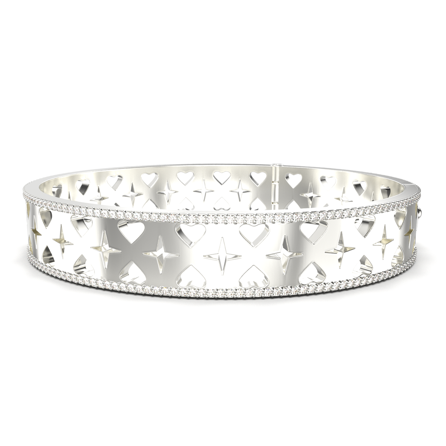 Silver bracelet with heart and star design on a white background