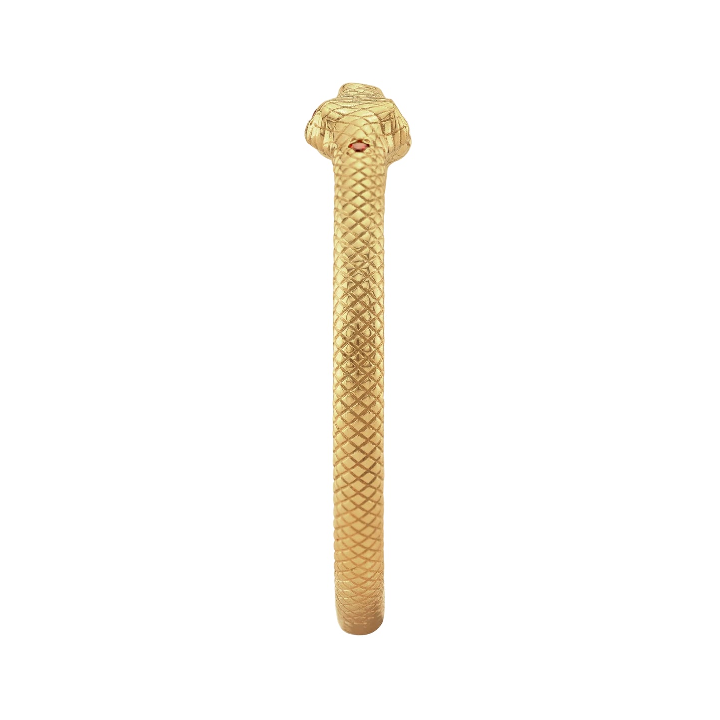 An 18K yellow gold ring with two snake head adornments and round-cut ruby eyes, with the phrase 'JEWELS FROM IPANEMA' inscribed on the surface.