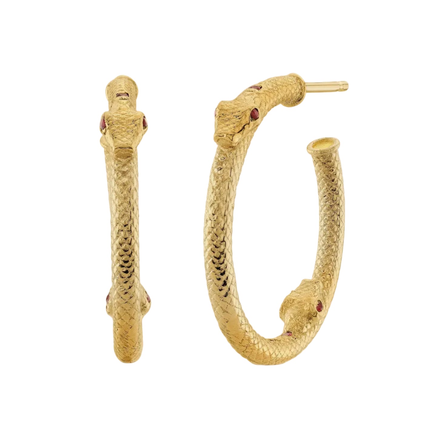 18K yellow gold earrings with two snake head adornments and round-cut ruby eyes, with the phrase 'JEWELS FROM IPANEMA' inscribed on the surface.
