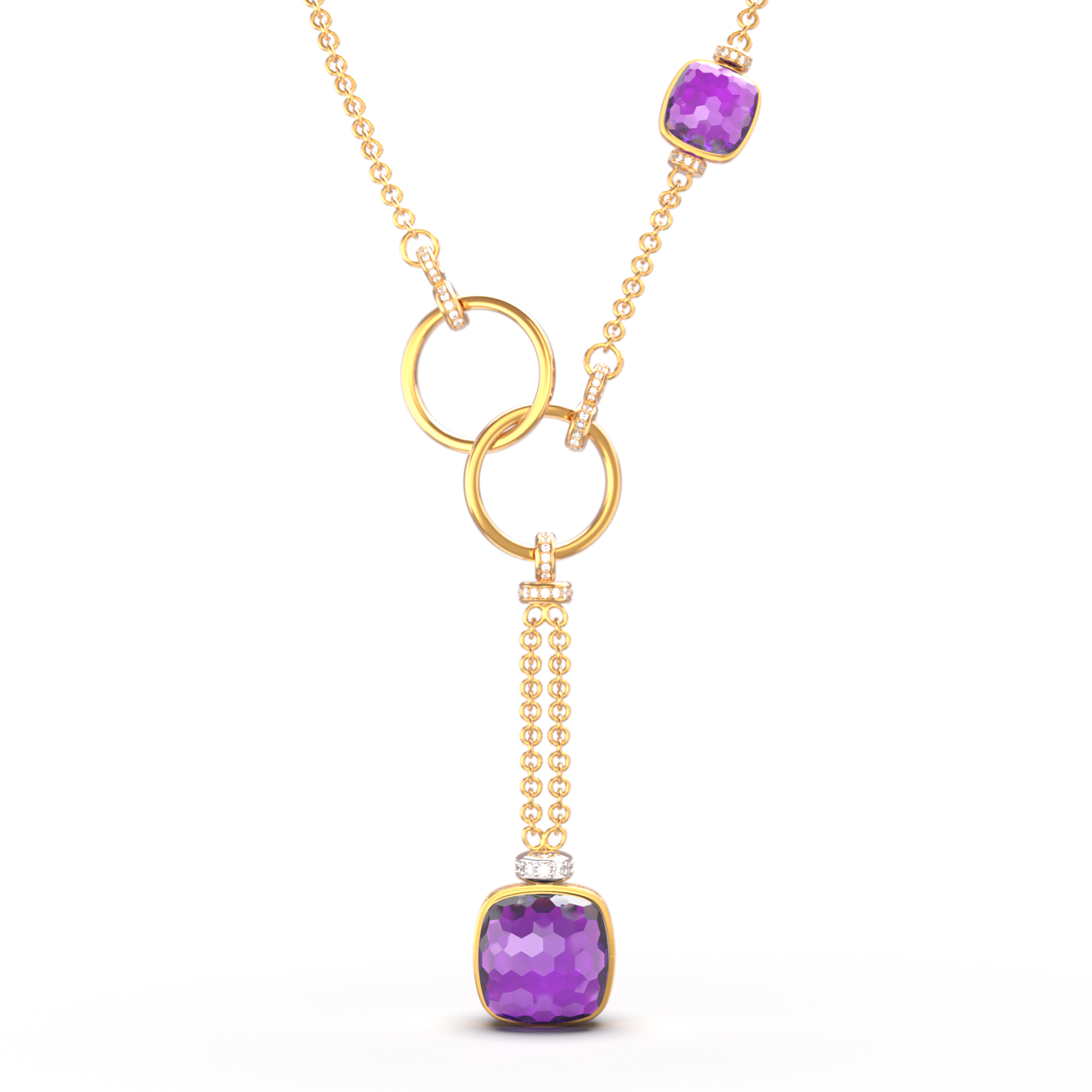Elegant gold lariat chain necklace with cushion-cut Amethyst gemstone and diamond-studded tops — luxury fine jewelry for women, circular motif