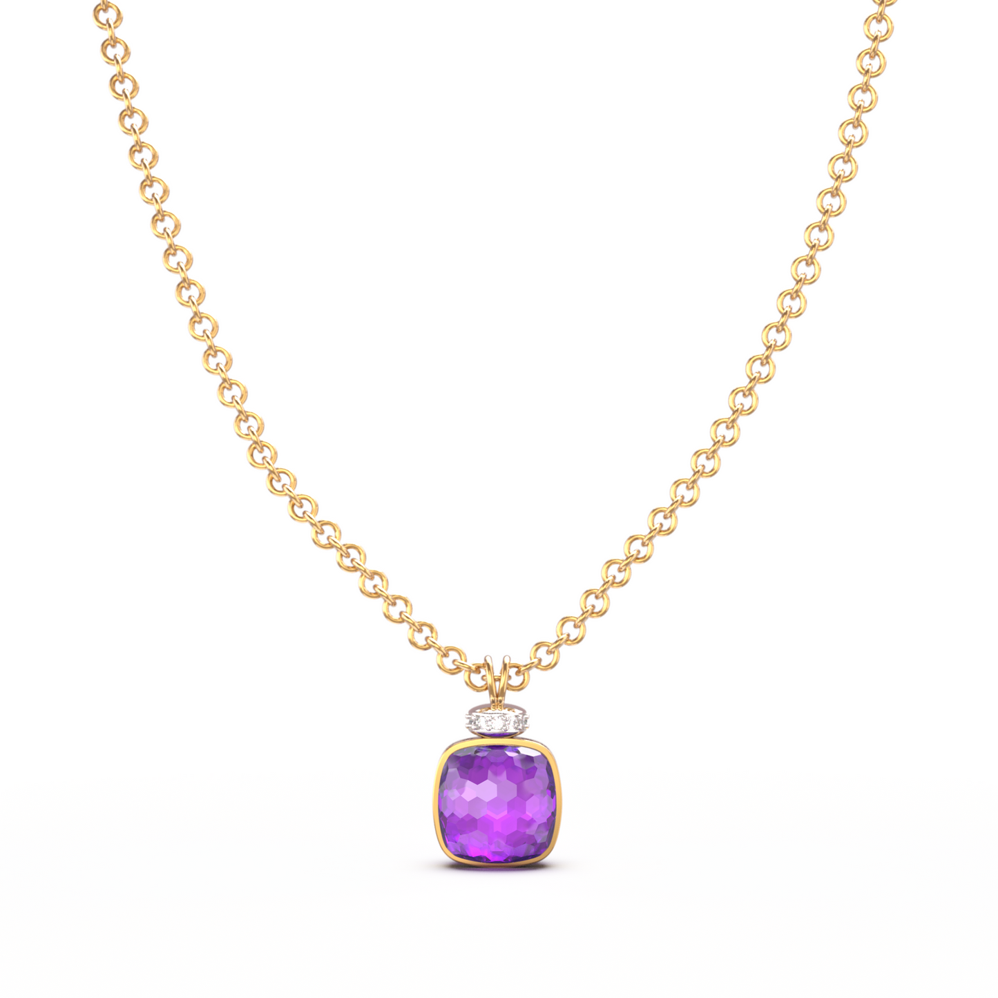 Elegant gold chain necklace with cushion-cut Amethyst gemstone and diamond-studded tops — luxury fine jewelry for women