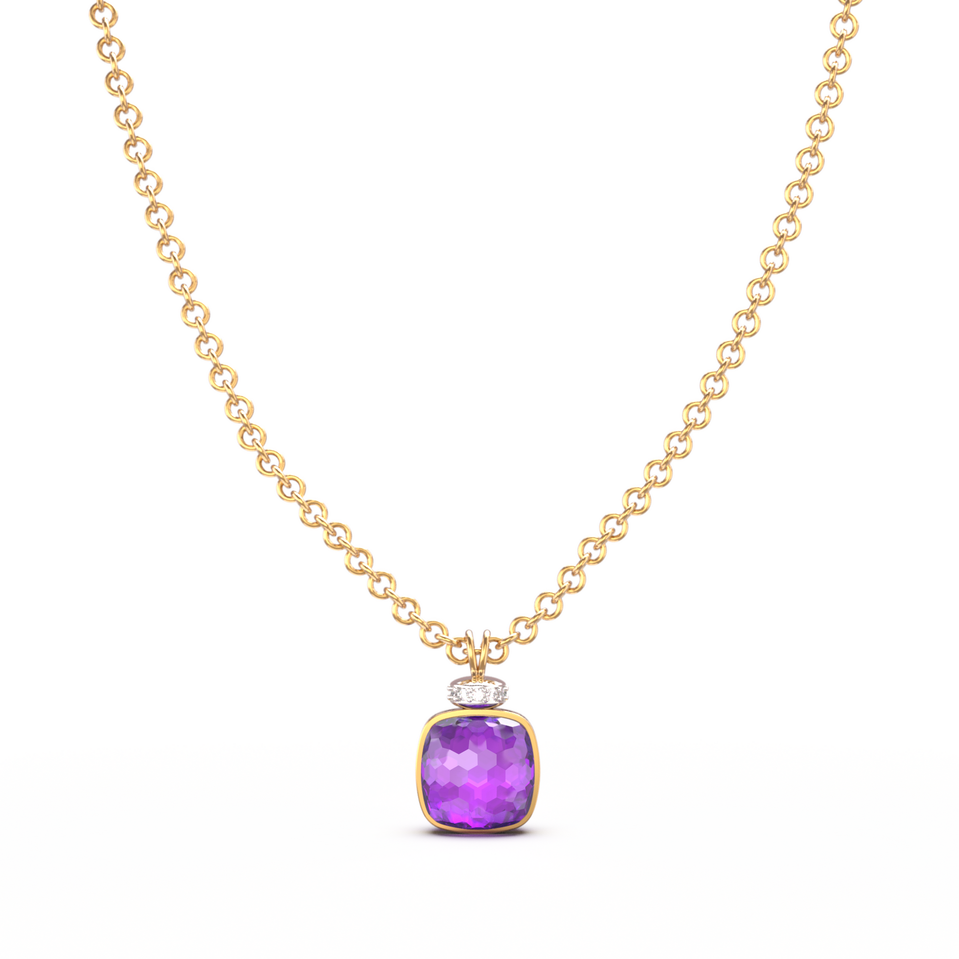 Elegant gold chain necklace with cushion-cut Amethyst gemstone and diamond-studded tops — luxury fine jewelry for women