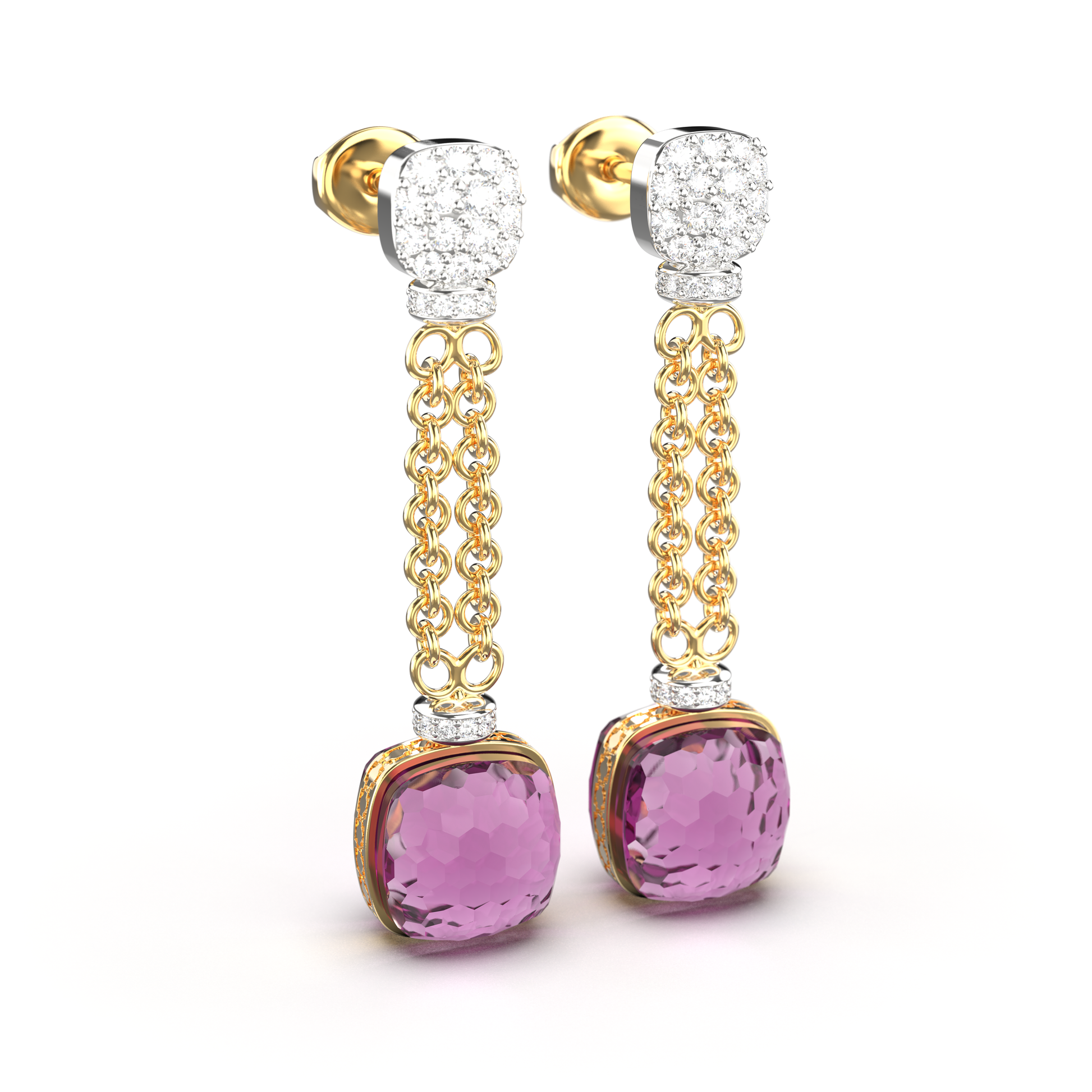 Elegant gold chain drop earrings with cushion-cut amethyst gemstones and diamond-studded tops — luxury fine jewelry for women