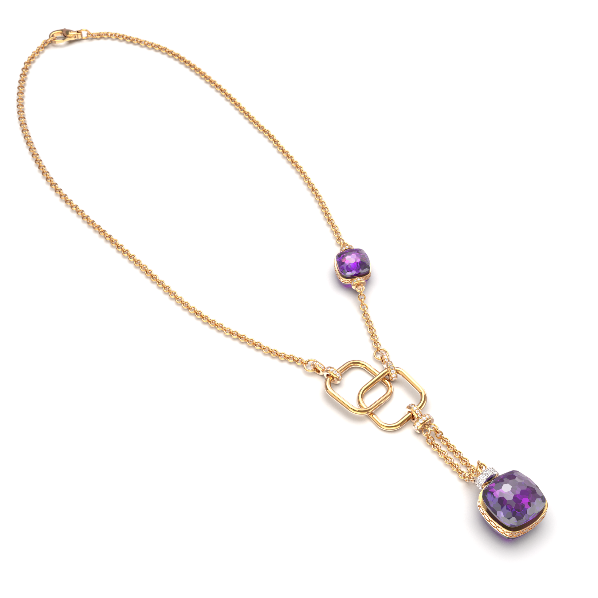 Elegant gold lariat chain necklace with cushion-cut Amethyst gemstone and diamond-studded tops — luxury fine jewelry for women