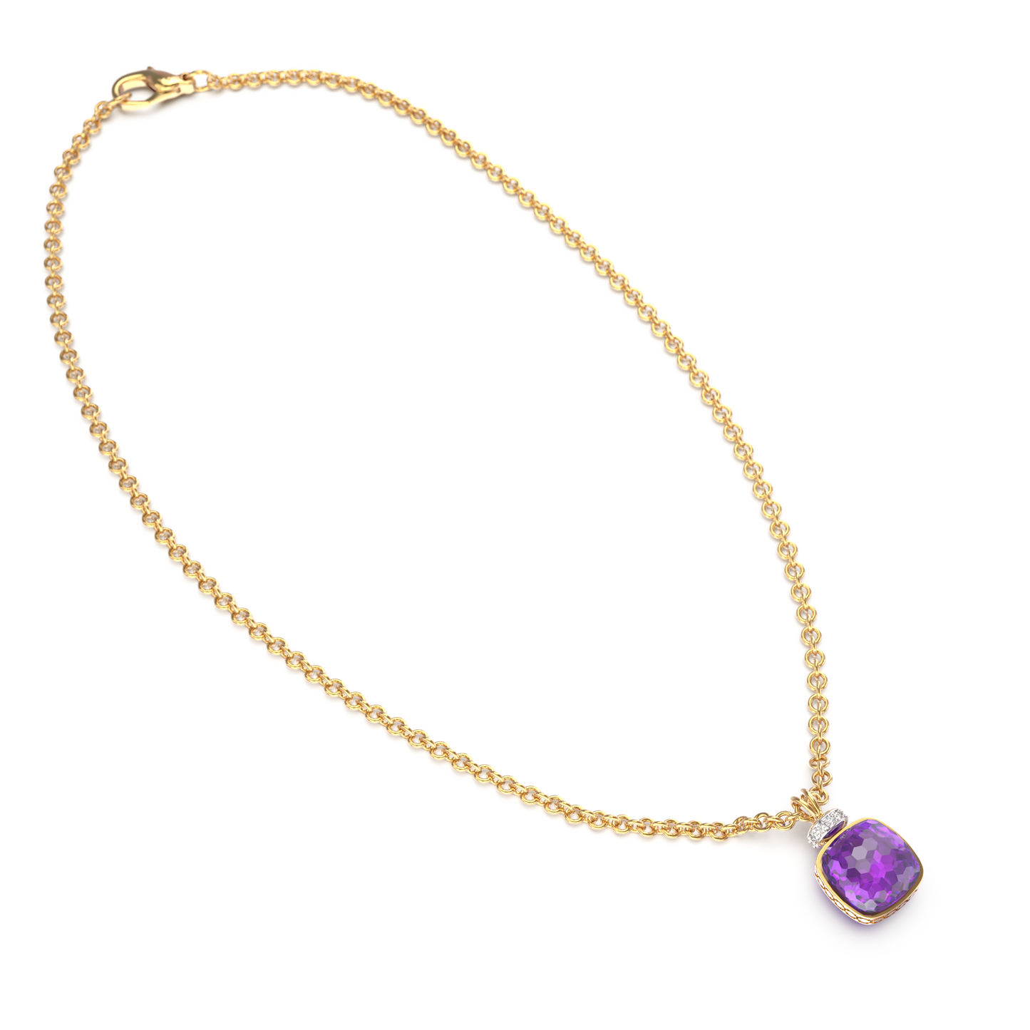 Elegant gold chain necklace with cushion-cut Amethyst gemstone and diamond-studded tops — luxury fine jewelry for women