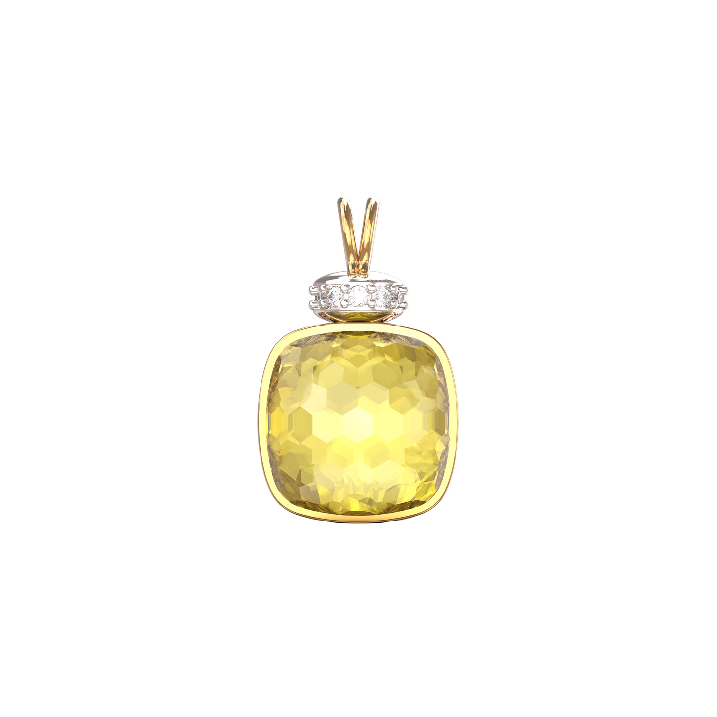 Gold pendant with a yellow gemstone on a white background