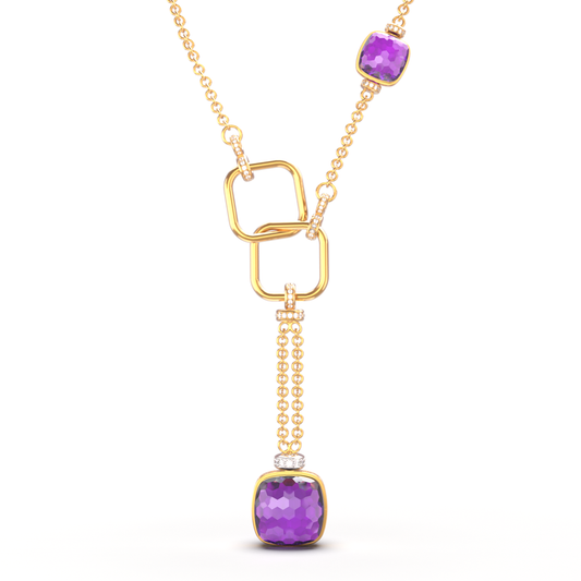 Elegant gold lariat chain necklace with cushion-cut Amethyst gemstone and diamond-studded tops — luxury fine jewelry for women