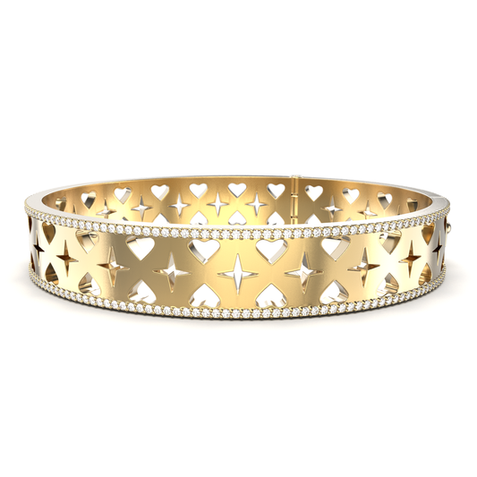 18K Gold bracelet with heart and star design on a white background