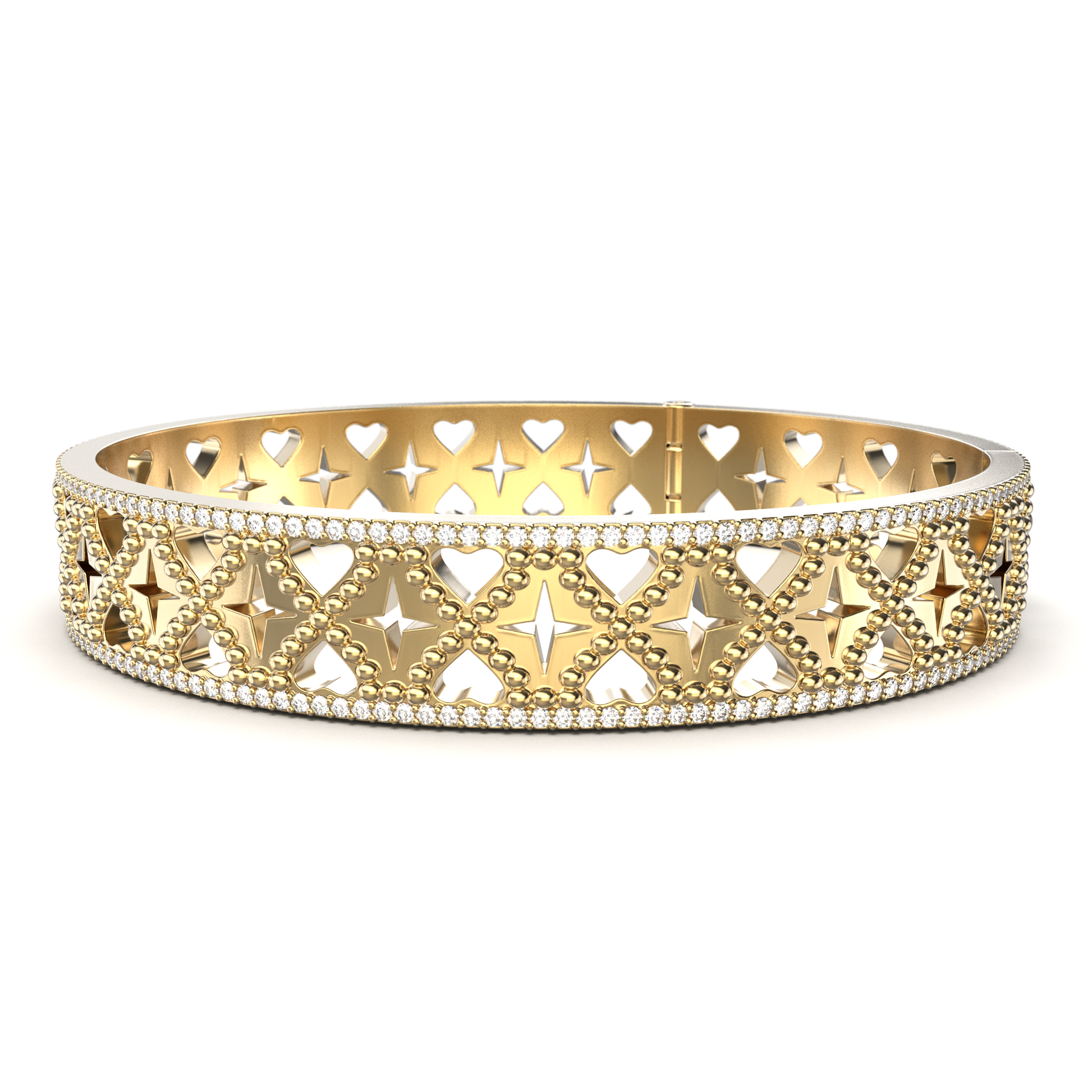 18K Gold bracelet with heart and star design on a white background