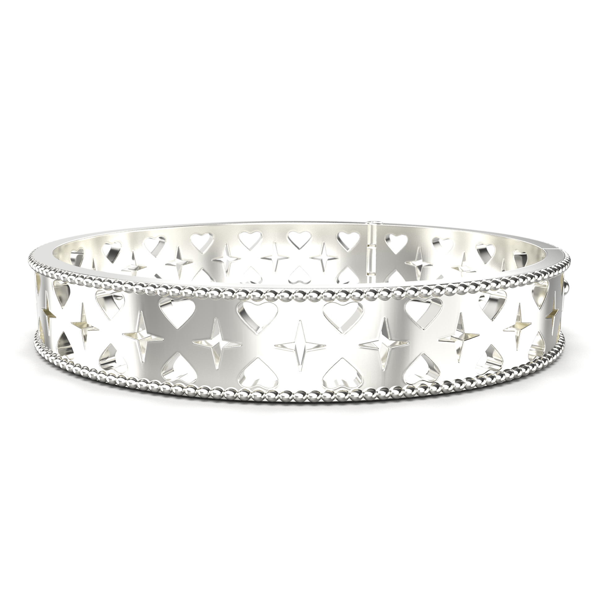 Silver bracelet with heart and star design on a white background