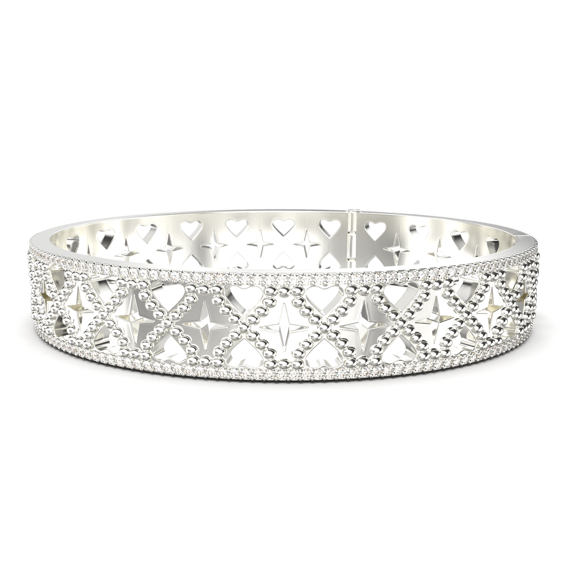 Silver bracelet with heart and star design on a white background