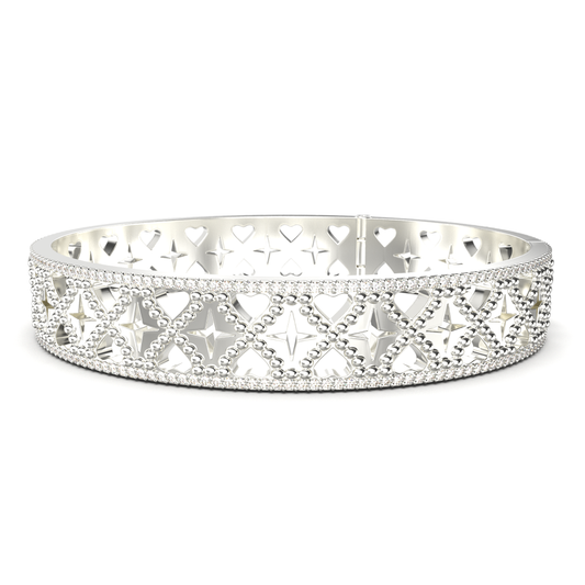 Silver bracelet with heart and star design on a white background