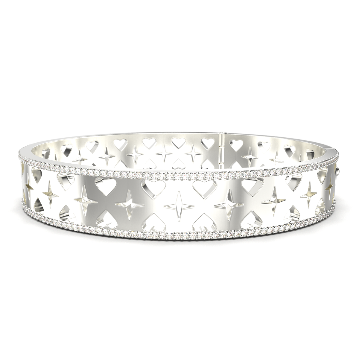 Silver bracelet with heart and star design on a white background