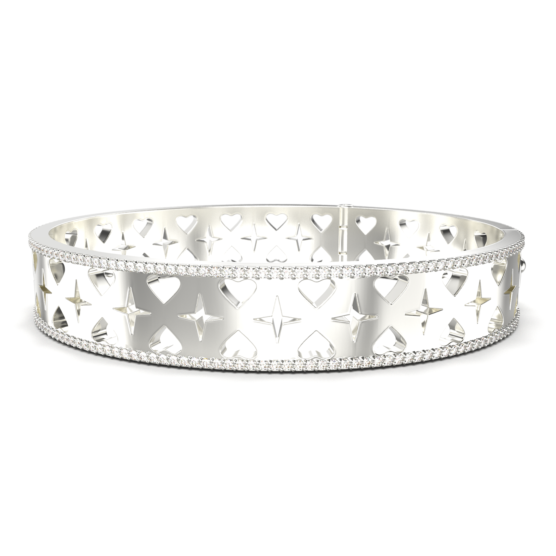 Silver bracelet with heart and star design on a white background