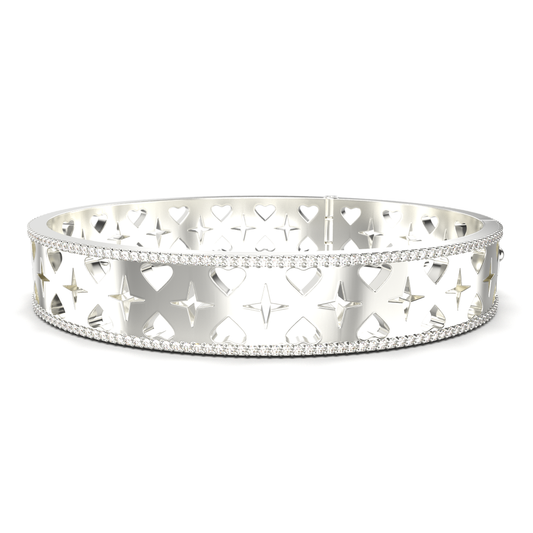 Silver bracelet with heart and star design on a white background