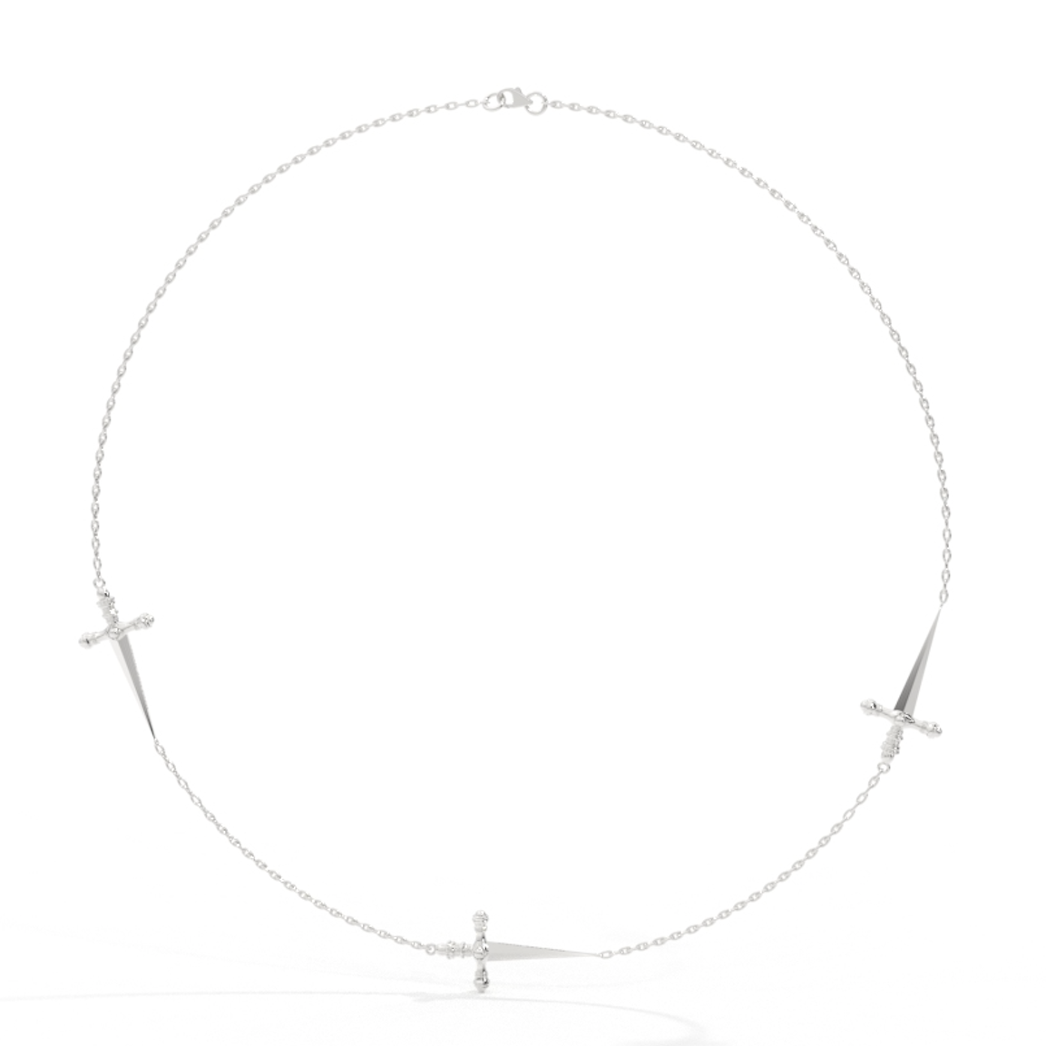A necklace with three sword-shaped pendants, each adorned with small round diamonds, displayed against a white background.
