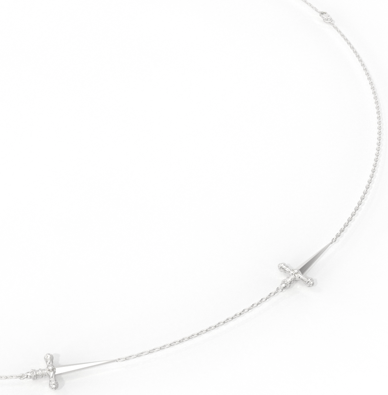 A necklace with three sword-shaped pendants, each adorned with small round diamonds, displayed against a white background.