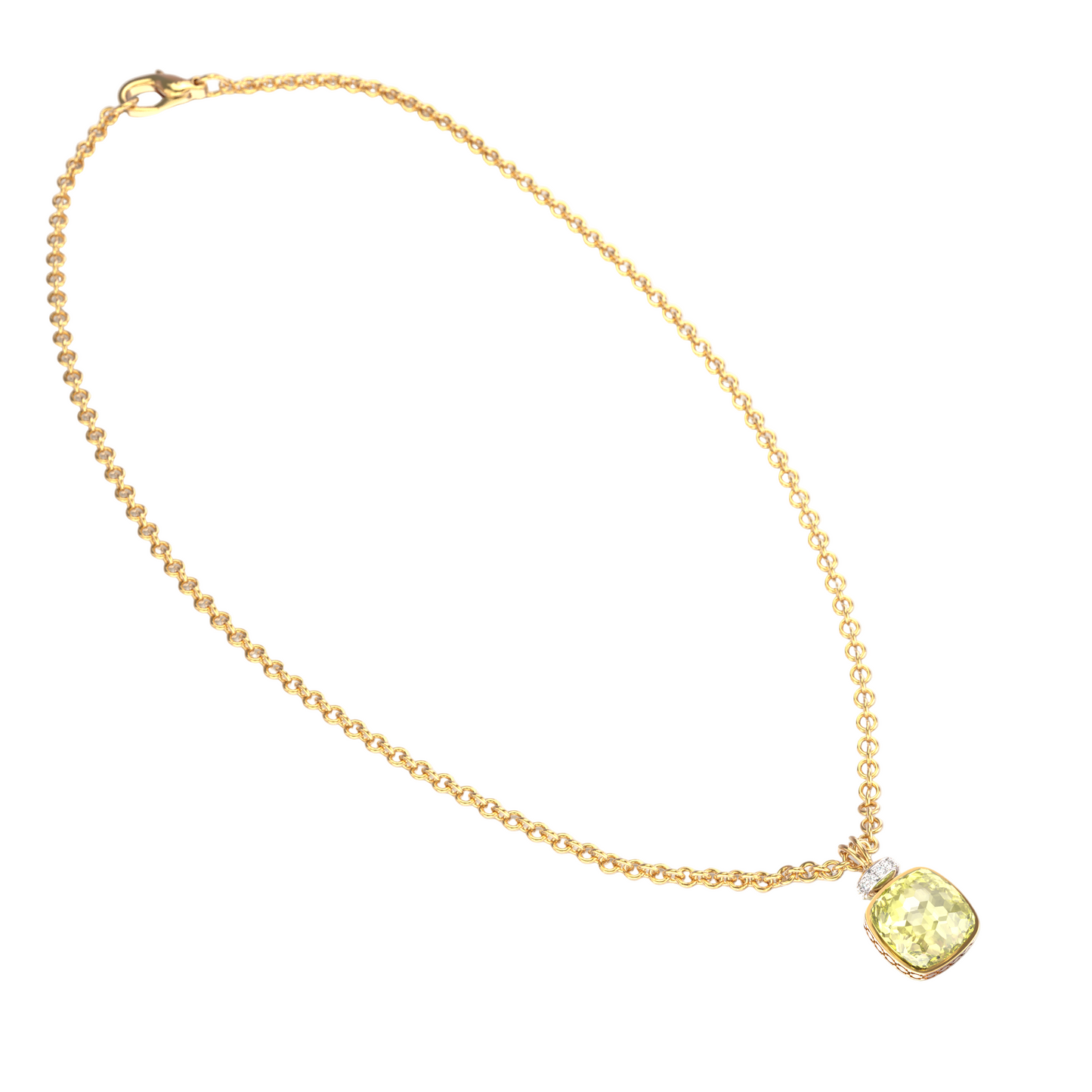 Elegant gold chain necklace with cushion-cut Brazilian Lemon Quartz gemstone and diamond-studded tops — luxury fine jewelry for women