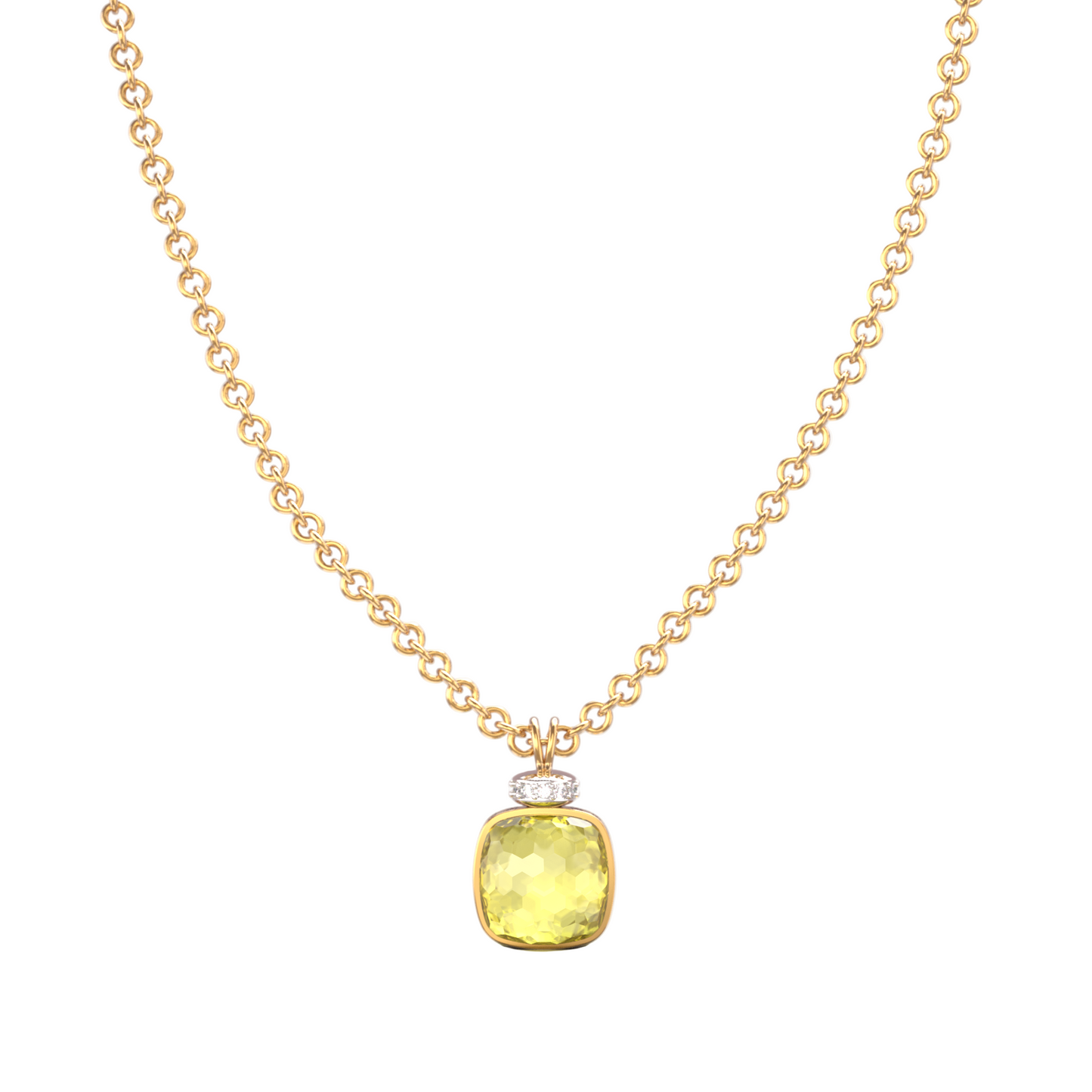 Elegant gold chain necklace with cushion-cut Brazilian Lemon Quartz gemstone and diamond-studded tops — luxury fine jewelry for women