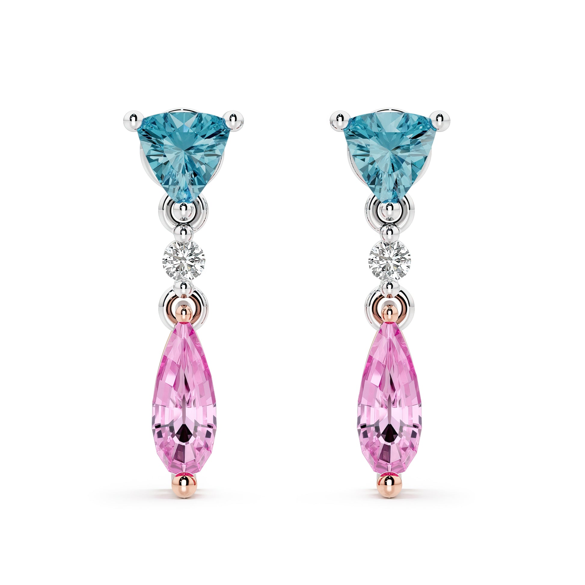 Dangling earring with blue and pink gemstones on a white background