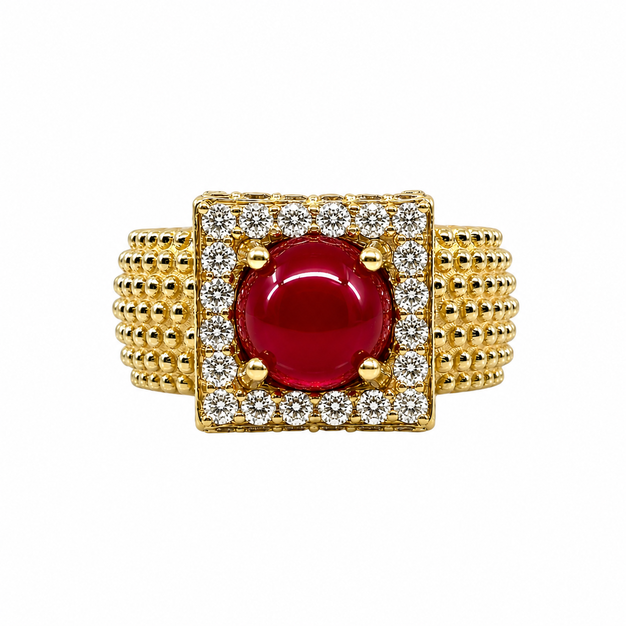 A yellow gold ring featuring a large, round, deep ruby cabochon gemstone at the center of a square halo. The halo is accented with small, clear round-cut stones, and the band is composed of two parallel textured gold columns.