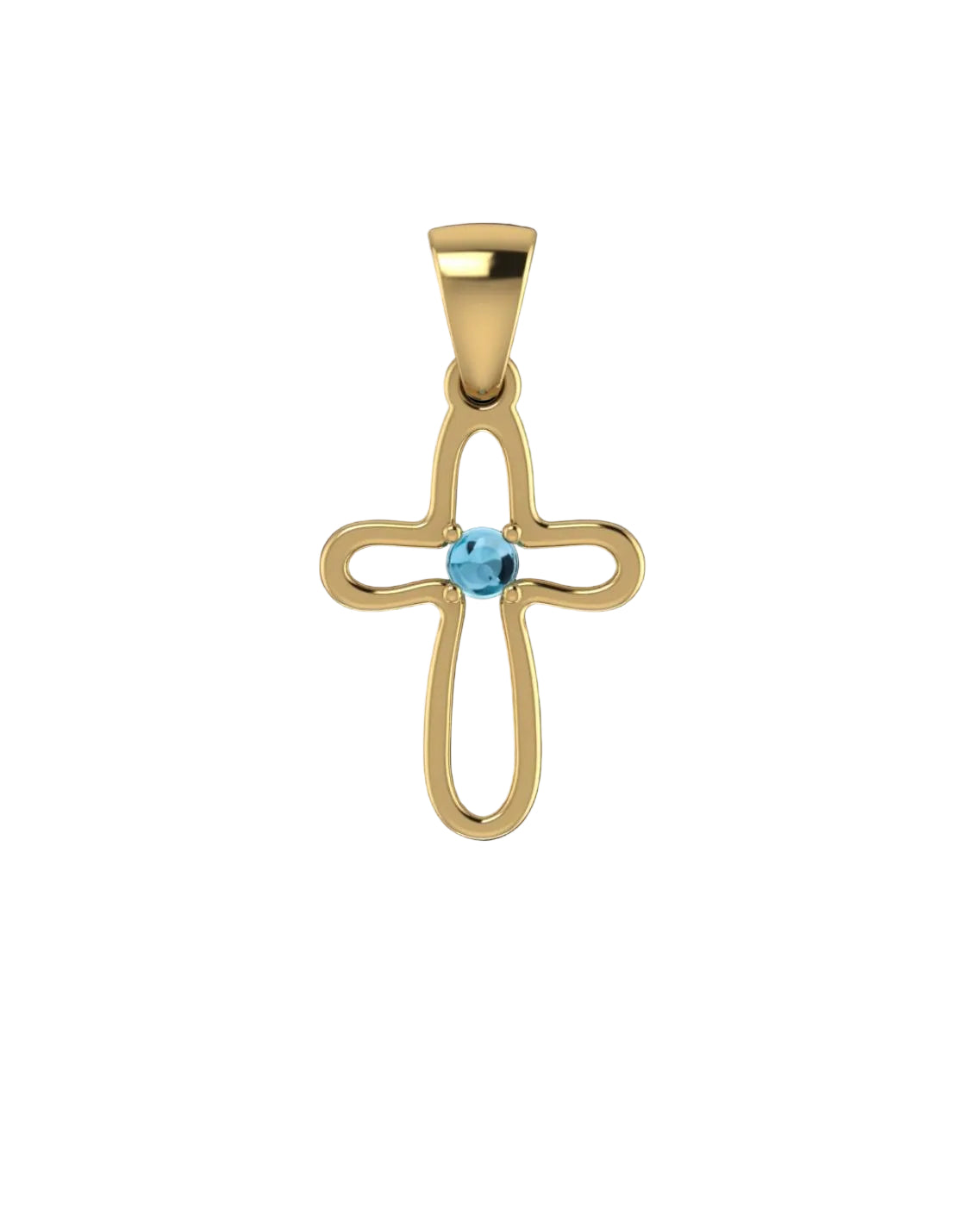 Gold cross pendant with a blue gemstone on a white background