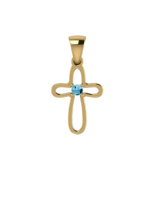 Gold cross pendant with a blue gemstone on a white background